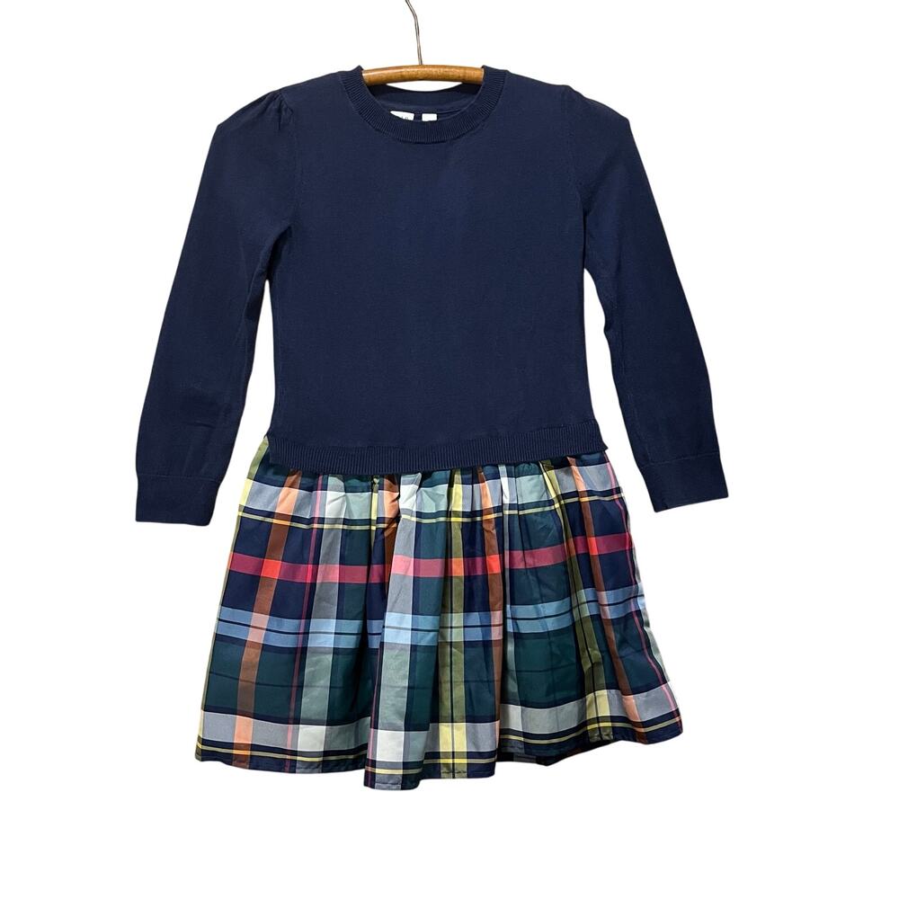 Old Navy Kids Dress Girl's Size Medium Navy Knit Taffeta Plaid Holiday Lining